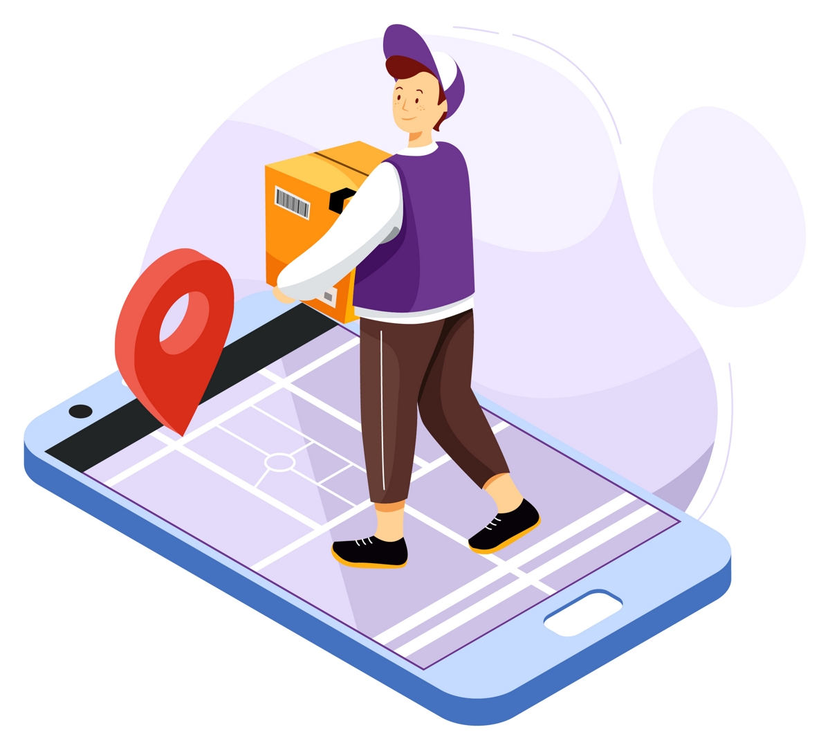 Illustration of a person carrying a box walking on large phone displaying a map and map marker